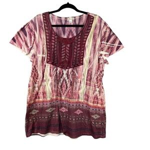 World Unity Women's Tunic Blouse Boho Beaded Embroidered Short Sleeve Size XXL